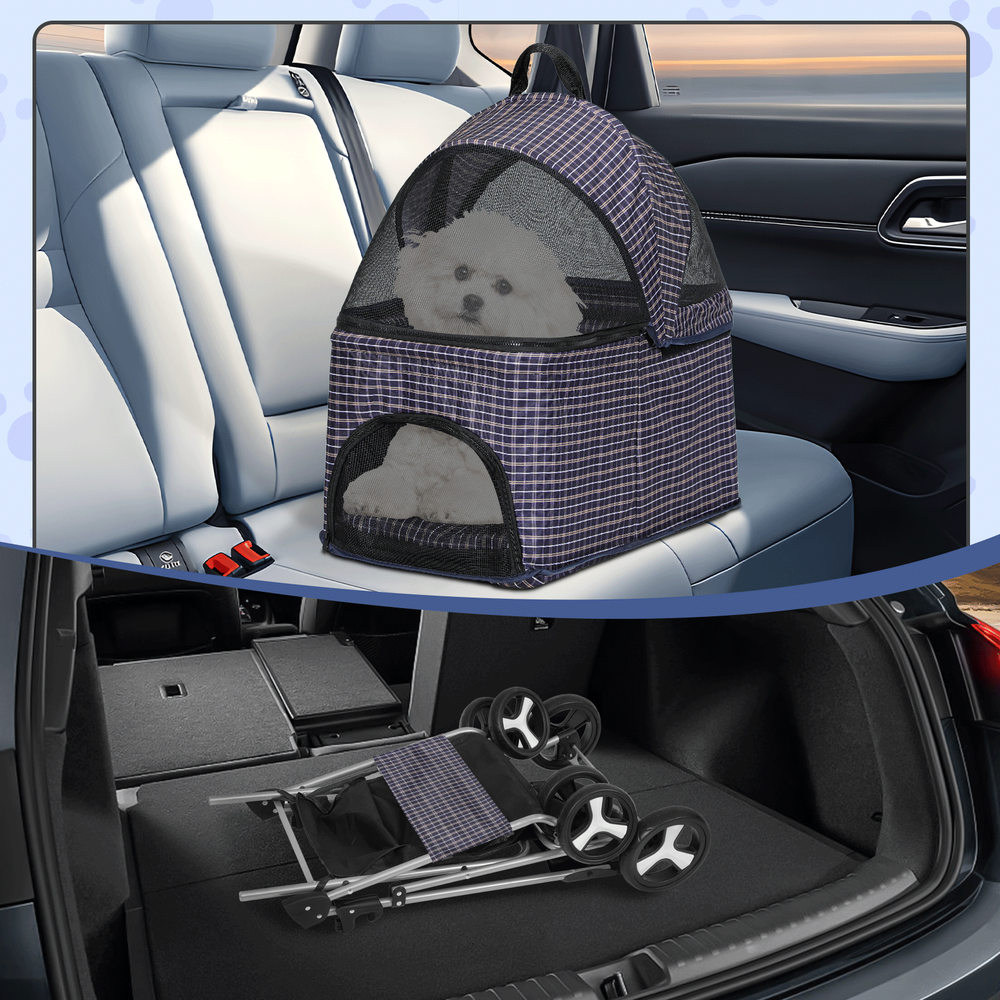 4 Wheels Pet Stroller Foldable Cat Cage Puppy Stroller Storage Basket+Cup Holder