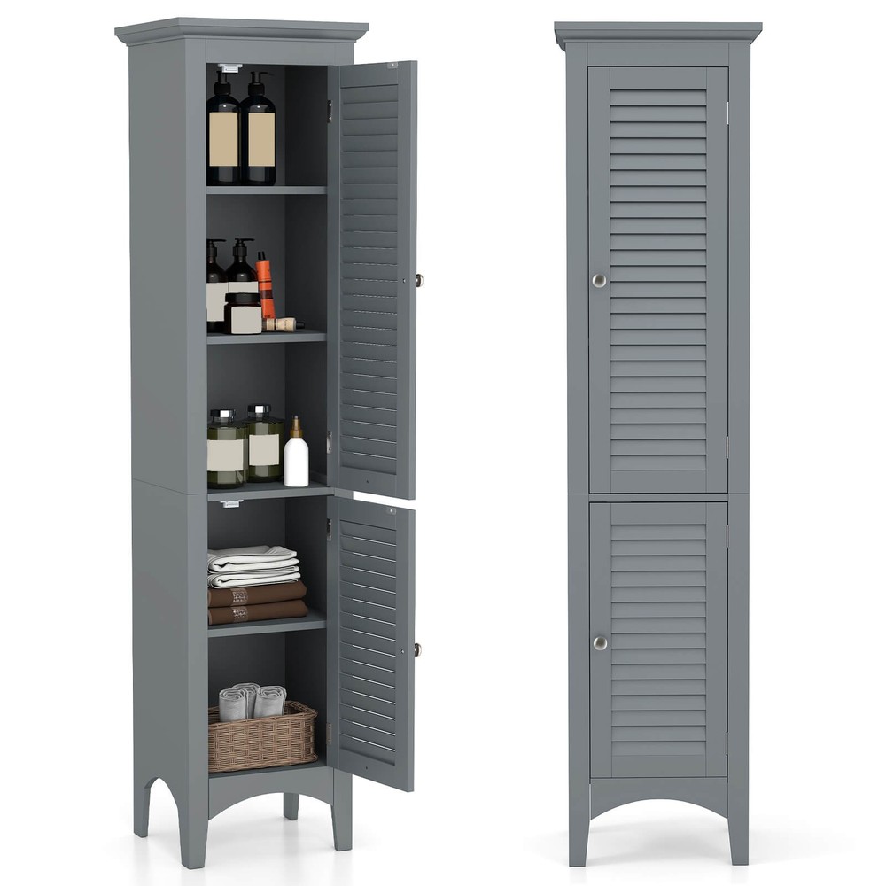 63” Tall Bathroom Cabinet w/ 2 Louvered Doors & Adjustable Shelf, Elevated Legs