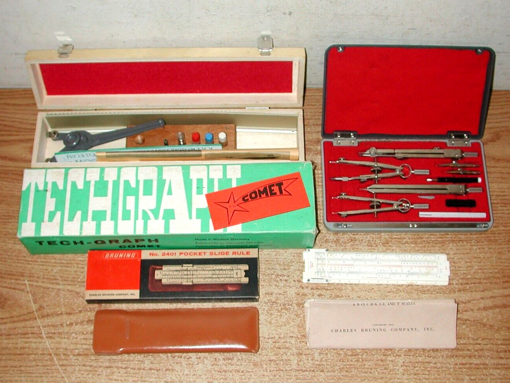 VNTAGE DRAFTING TOOLS: ALVIN TECHGRAPH COMET, POST 1144A SET, BRUNING SLIDE RULE