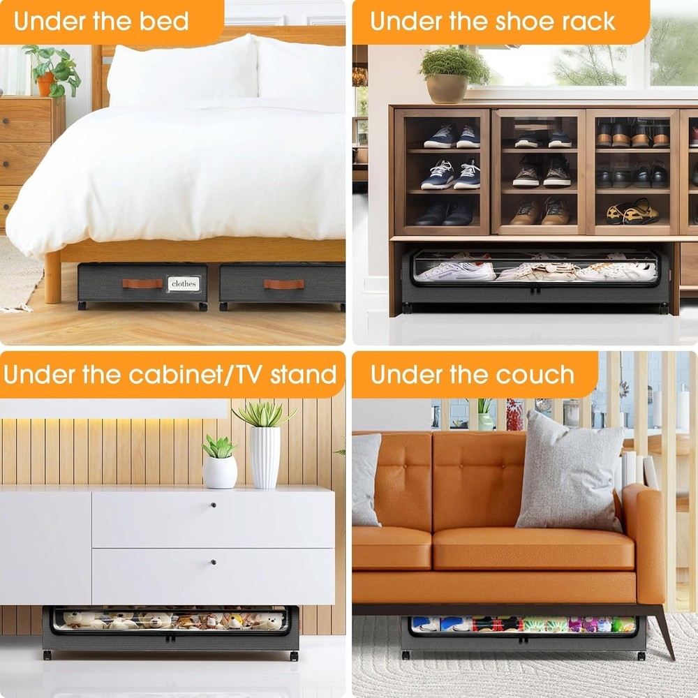 Under Bed Storage W/ Wheels 2Pack Storage Containers W/ Clear Window&Label Under