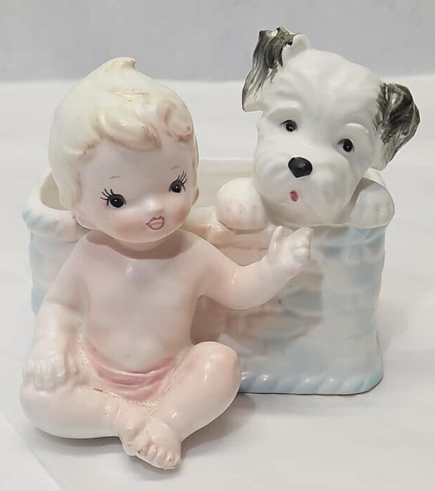 Ceramic Baby with Puppy Basket Planter