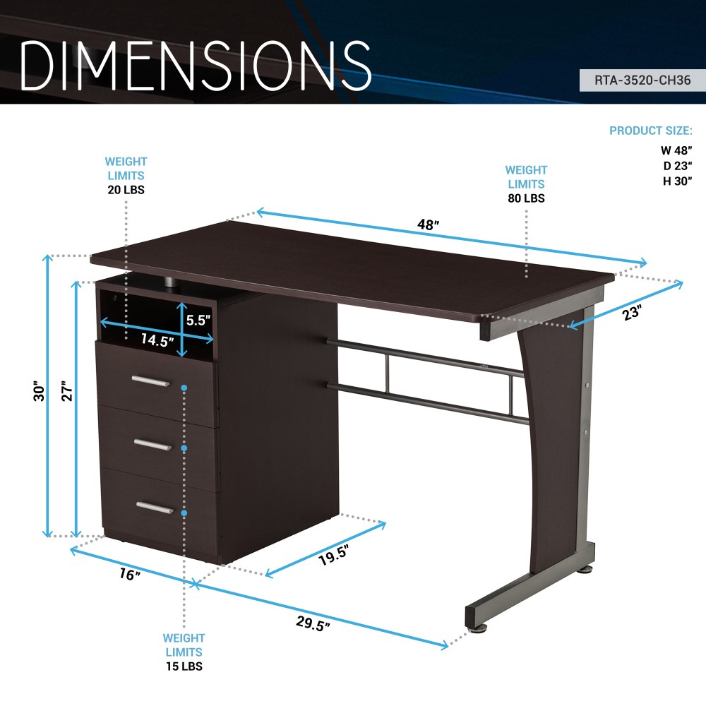 Computer Desk w/ 3 Drawers - Elevated Desktop - Moisture-Resistant MDF Top