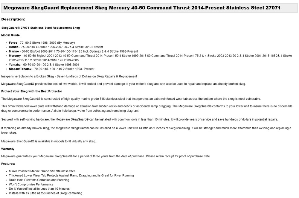 Megaware SkegGuard Replacement Mercury 40-50 Command Thrust 2014-Present 27071