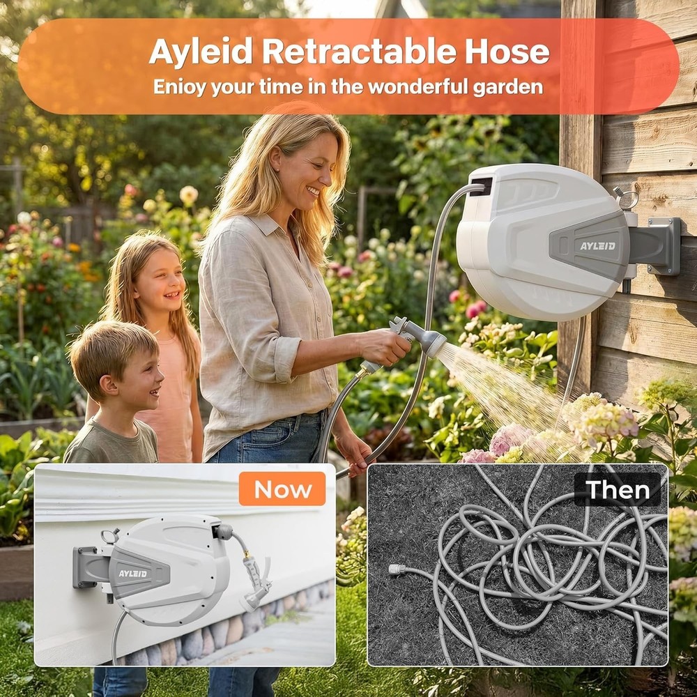 Wall Mounted 100 ft Retractable Hose Reel - 9 Settings for All Needs