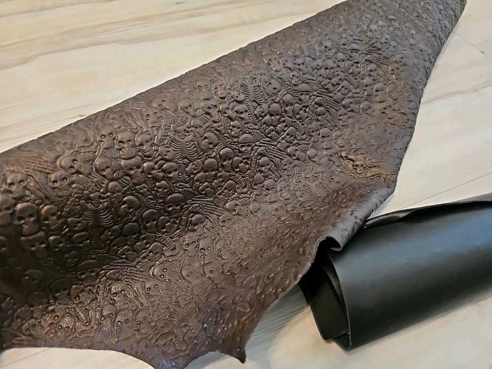 VEGETABLE TAN SKULL & BONES EMBOSSED BROWN LEATHER HIDE SOFT SHEET,PANEL,CUT