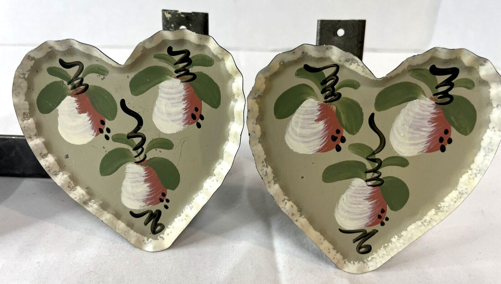 Hand Painted Artist Crafted Tin Heart Curtain Pull Backs Two Sets Cottage Core