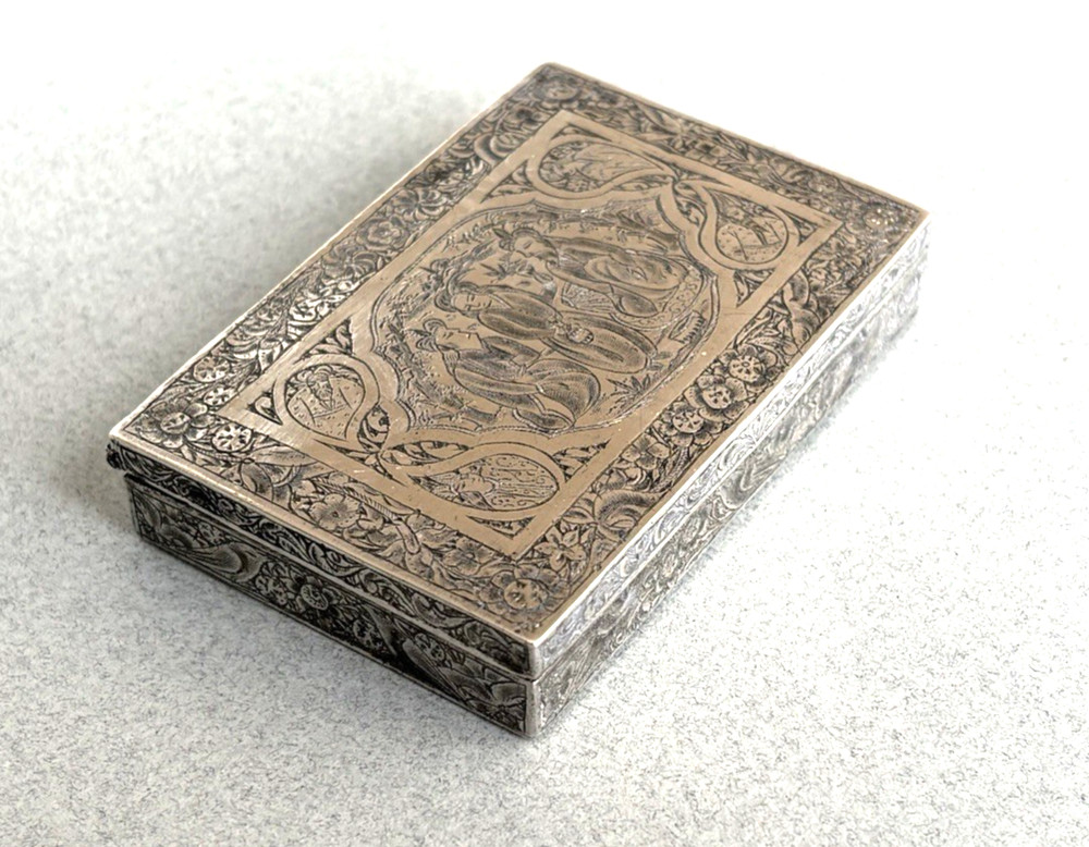 ANTIQUE FINE SILVER PERSIAN BOX Islamic Middle Eastern engraved cigarette case