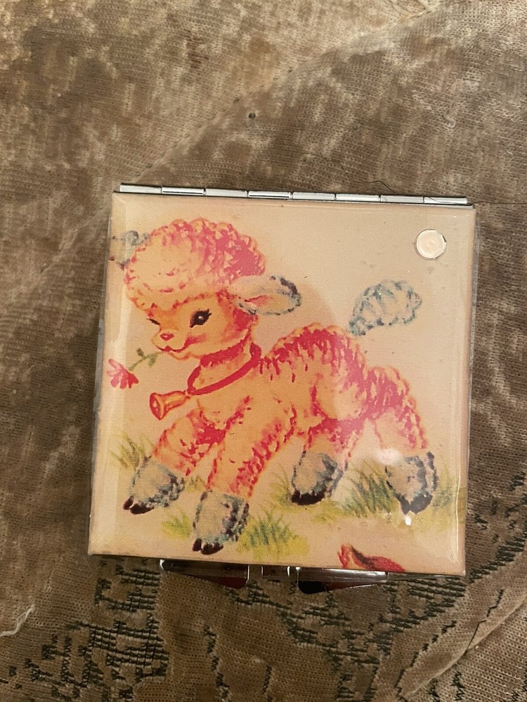 Retro 1950s Little Lamb Square Silver Mirror Compact