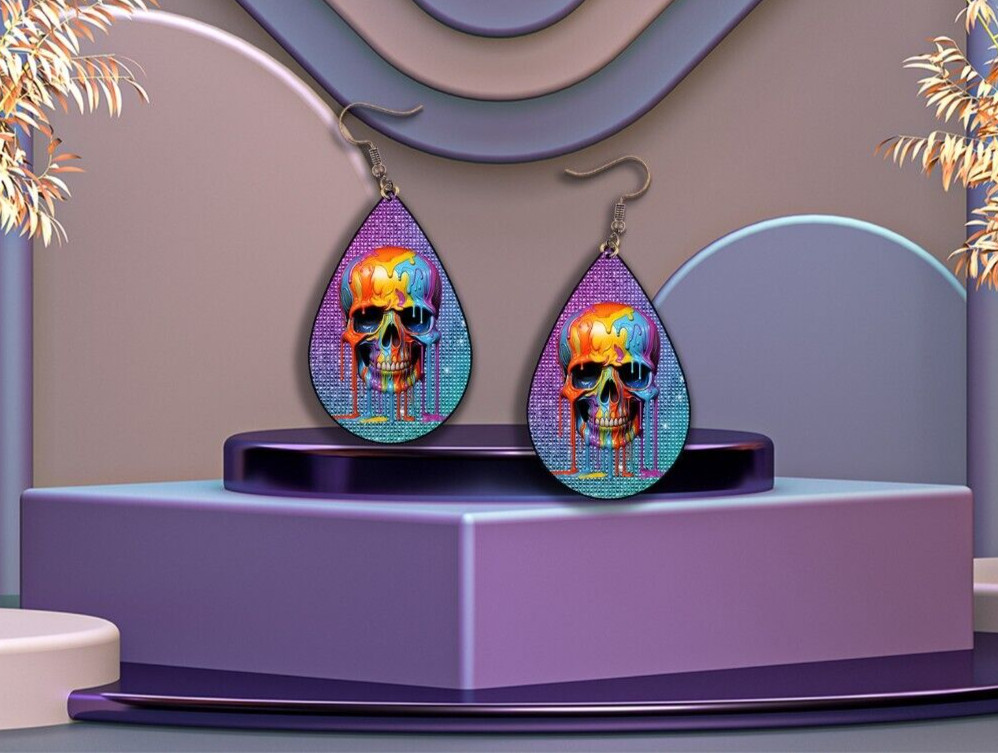 Glitter Rainbow Dripping Skull Teardrop Earrings
