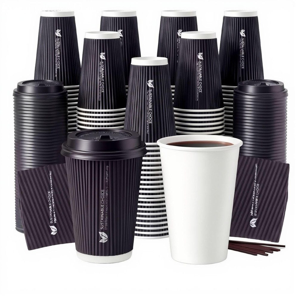 Biotakeware 50 Pack 12 oz Disposable Coffee Cups with Lids and Straws, Insula...