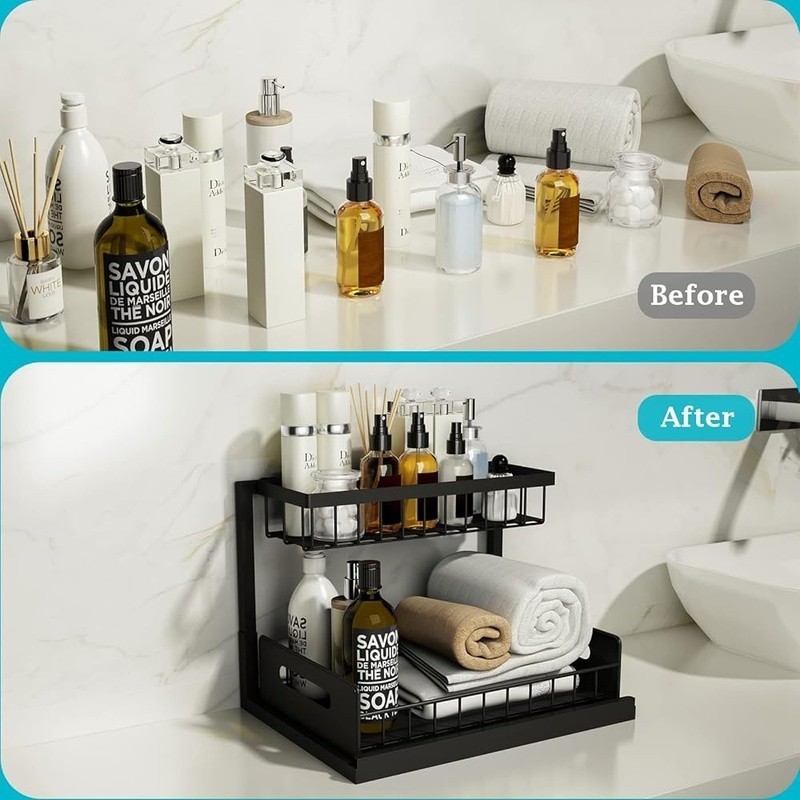 L Shaped Under Sink Organizer Sliding Storage Rack Multi Purpose Shelf New