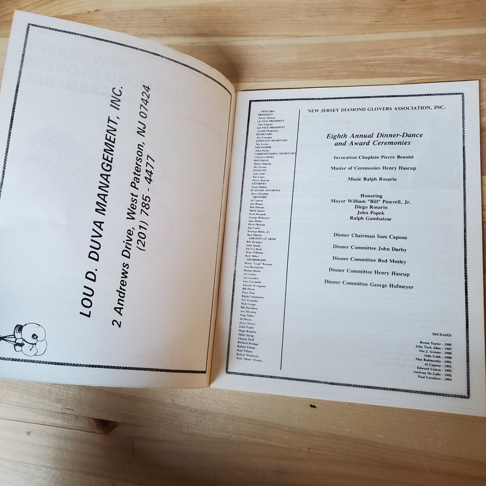 9/24/1993 NEW JERSEY DIAMOND GLOVERS ASSN. 8th annual dinner dance program book