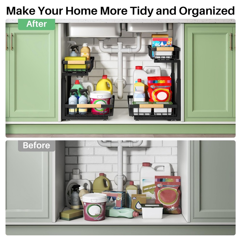 Kitstorack Under Sink Organizer, 2 Tier the Storage, 2 Pack, Black