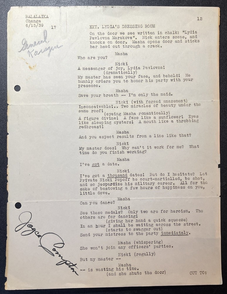 Balalaika (1939) Original Script Page Signed by Joyce Compton – MGM