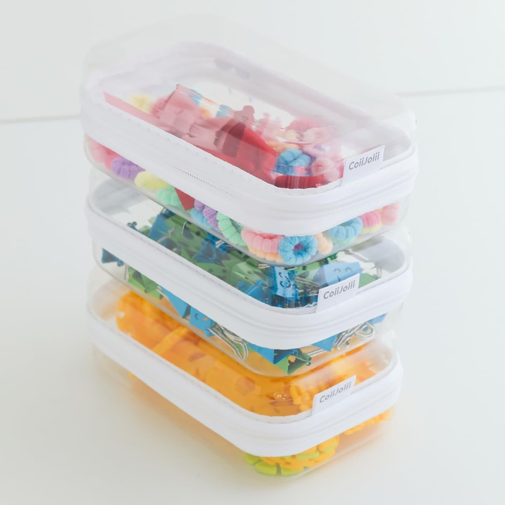 CoiiJoii Zippered Pouch Hard, Clear Zippered Hard Pouch, Stackable Storage Bins,