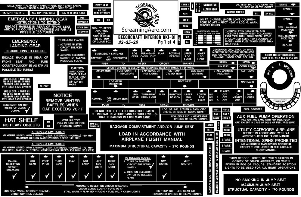 Beechcraft 33-35-36 4 Pg Interior Placard Kit
