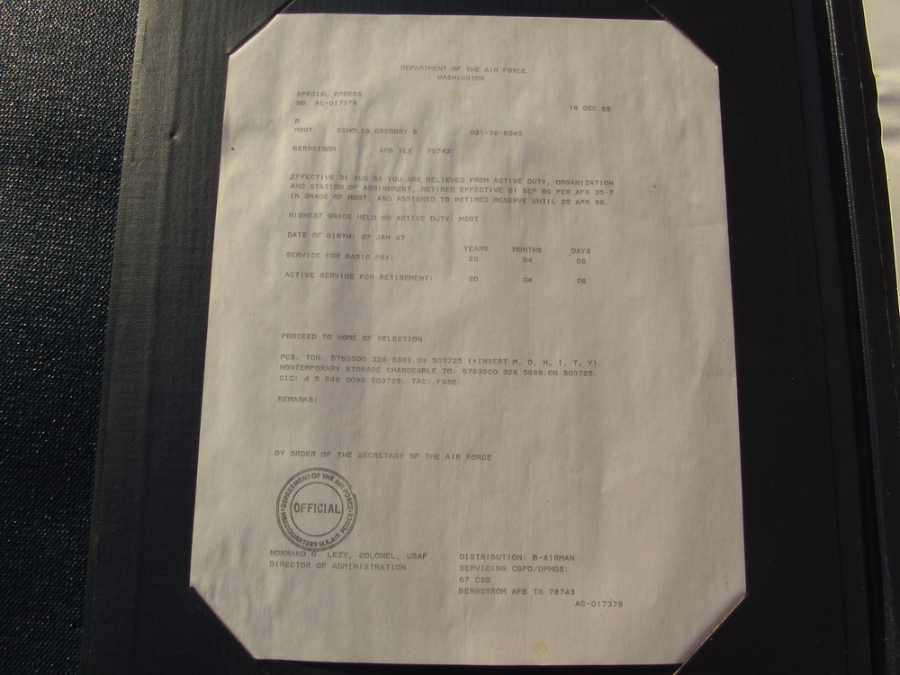 Original 1986 US Air Force Retirement Certificate Master Sergeant Gregory S