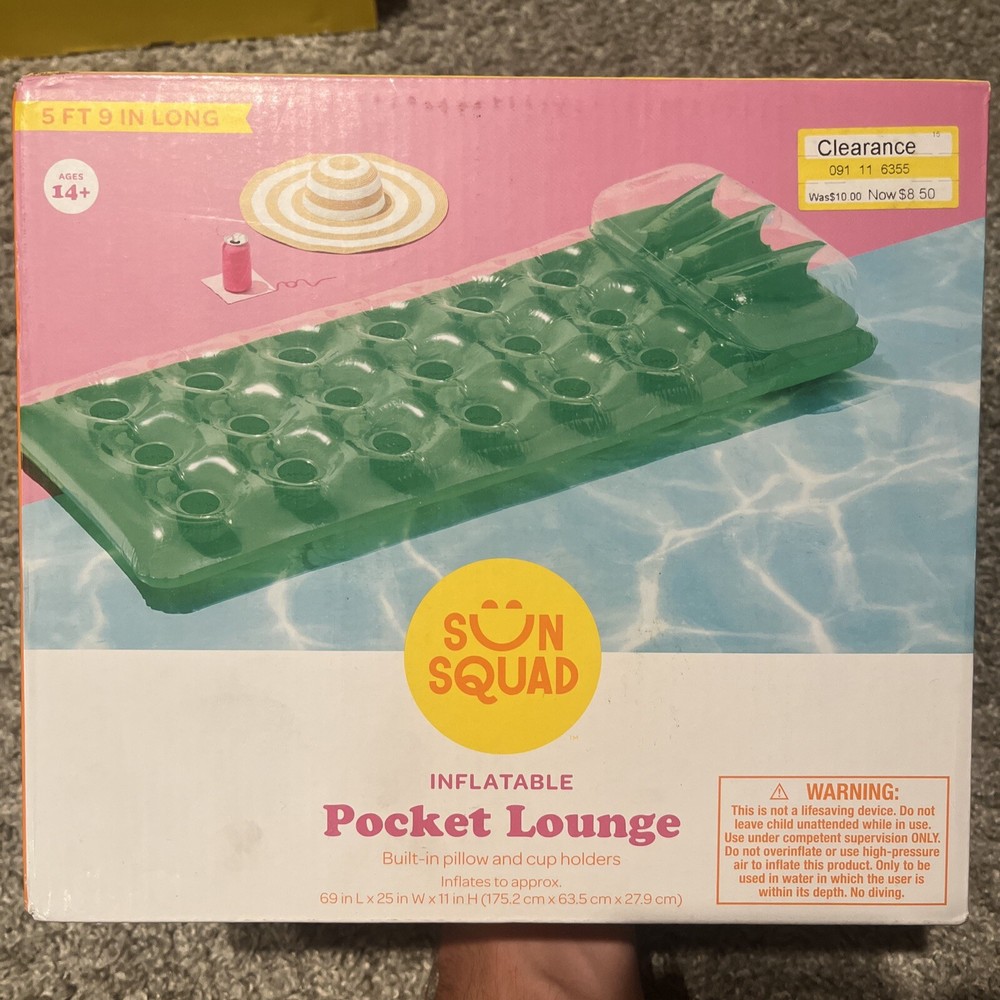 Green Inflatable pocket lounge raft 5’9” by sun squad