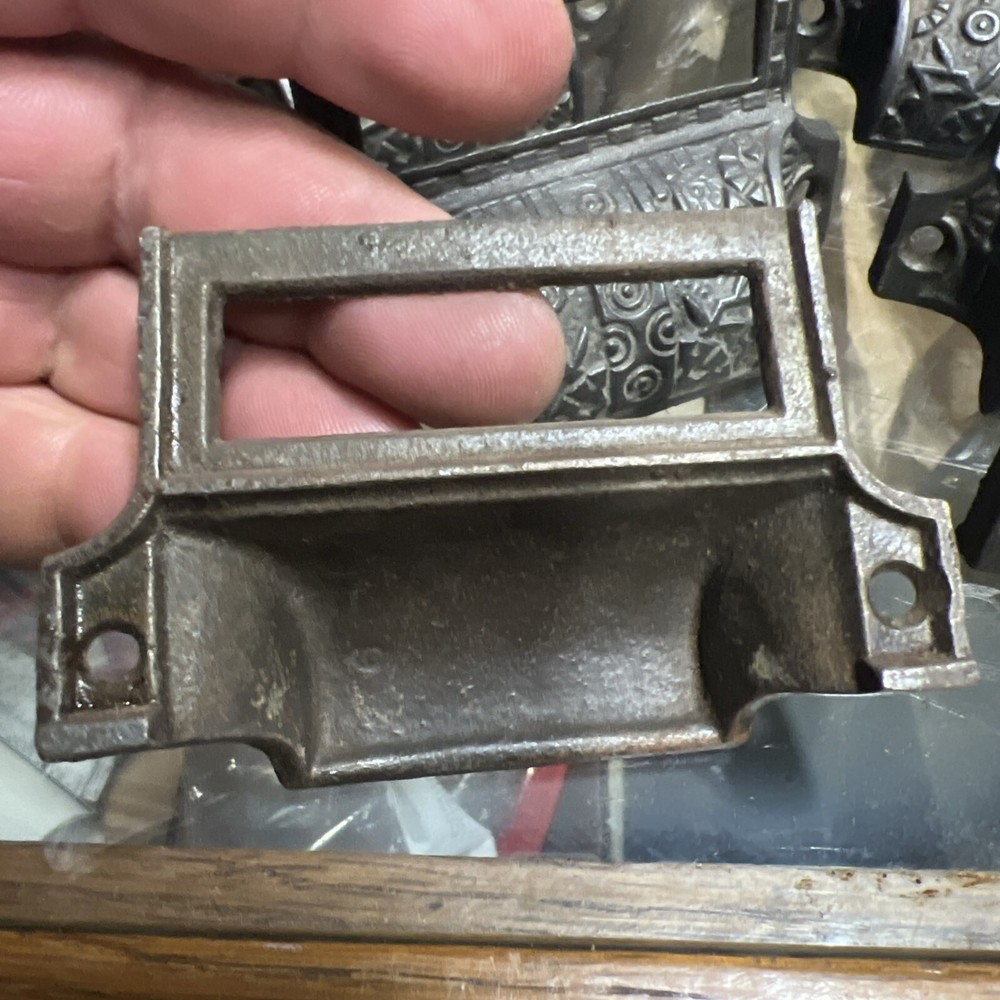 NOS set 6 c1870 matching authentic VICTORIAN cabinet pull hardware name plate