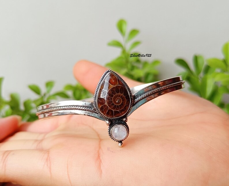 Ammonite Fossil Moonstone Solid 925 Sterling Silver Adjustable Cuff Bangle M1855