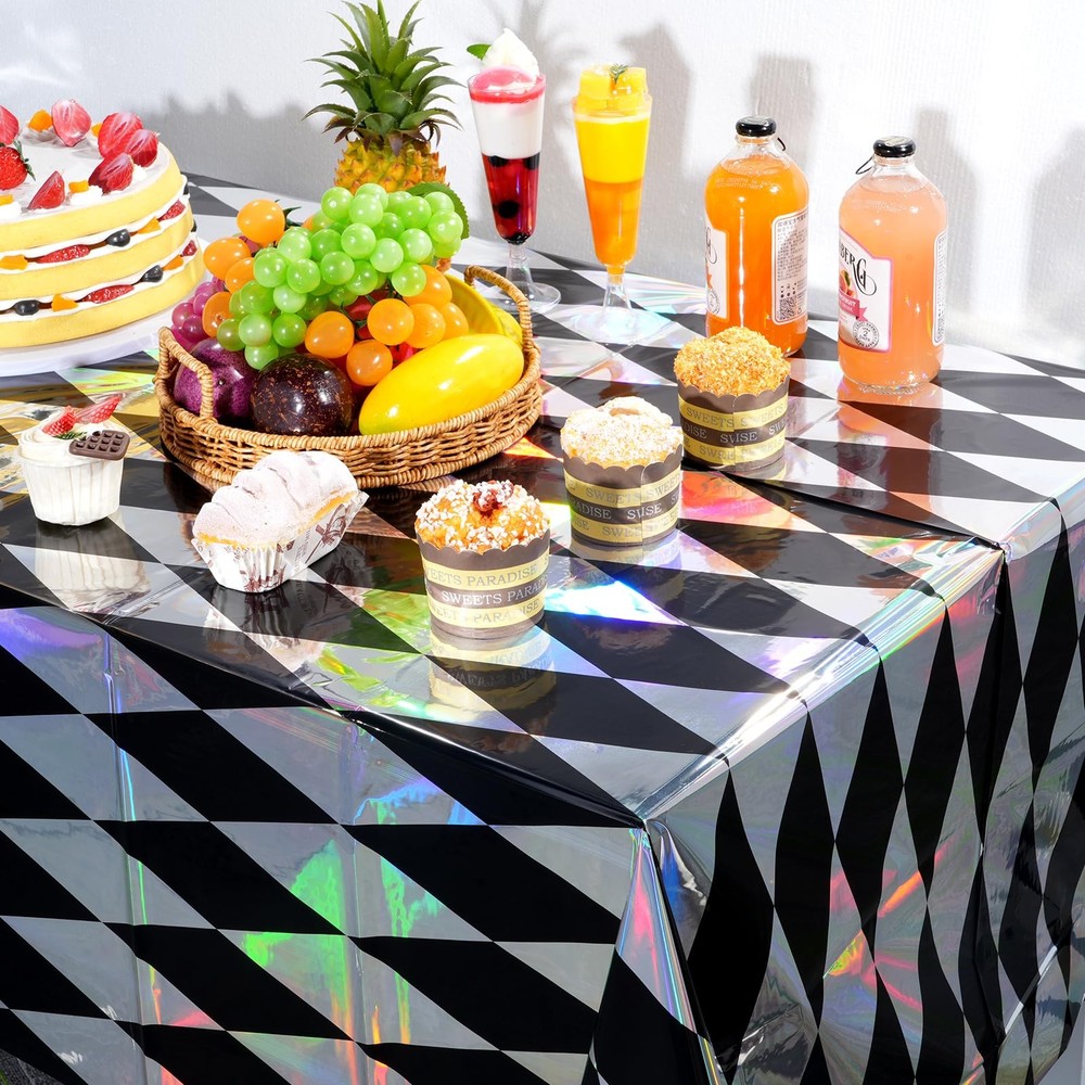 6 Pack Black and Iridescent Diamond Checkered Plastic Tablecloths, Black Ging...