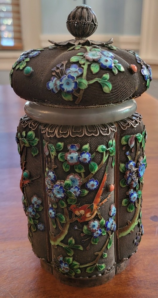 ANTIQUE CHINESE EXPORT SOLID SILVER ENAMEL BIRD & FLOWERS TEA CADDY JADE BANGLE