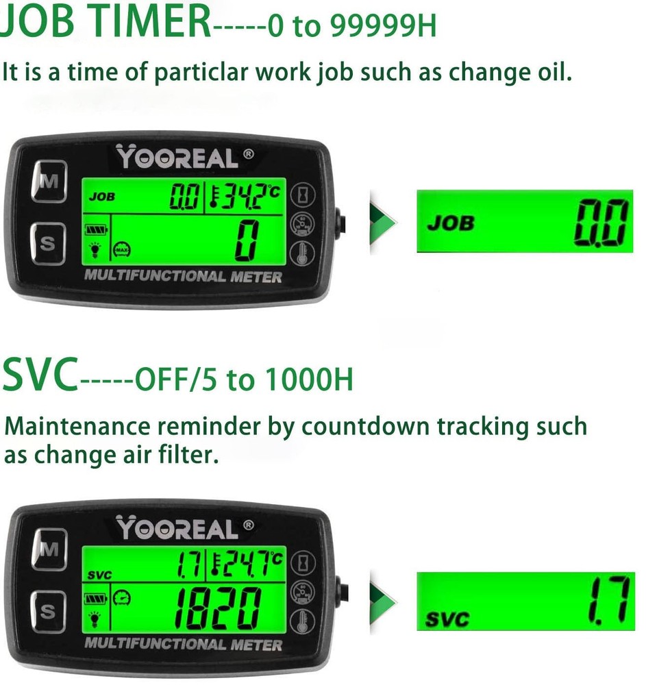 Yooreal Digital Tach Hour Meter,Small Engine Temperature HM035A TS002