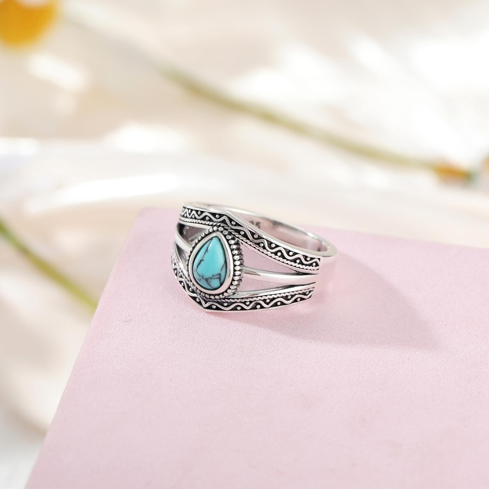 Boho Turquoise Ring for Women Sterling Silver Western Style Statement Ring Bo...