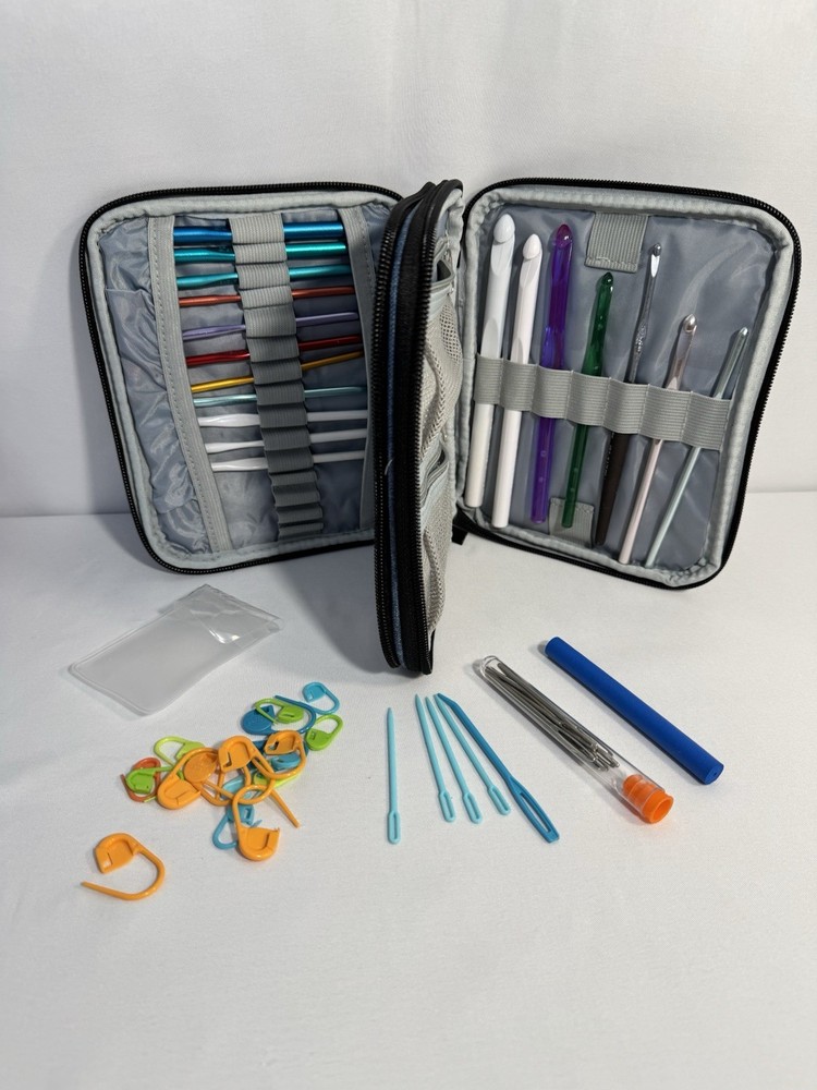 Denim Blue Divided Case W/Crochet Hooks, Needles, And Spacers Size Medium