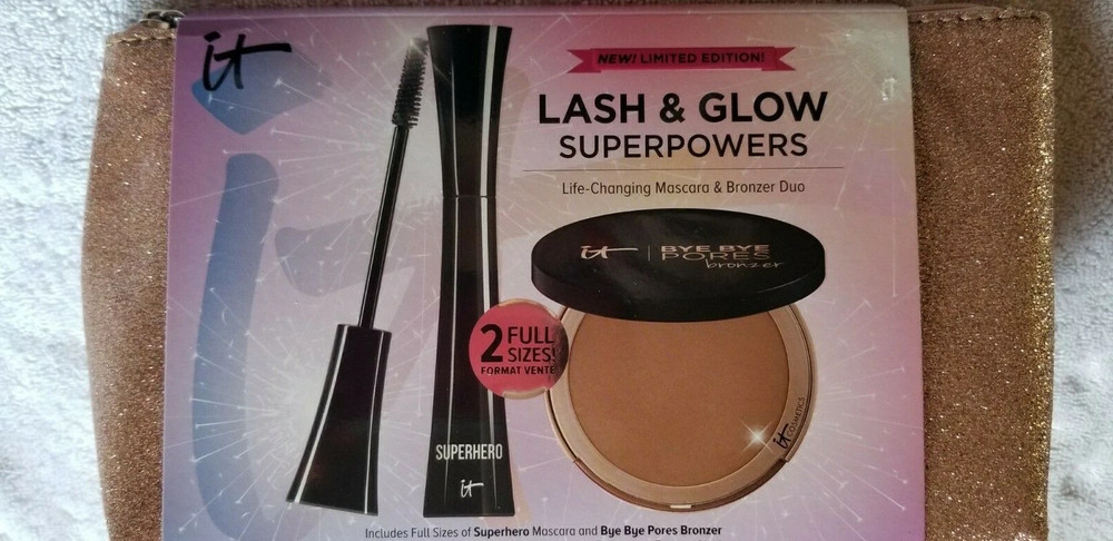 IT COSMETICS Lash & Glow! Mascara + Bronzer Superpowers Set W/BAG $66 VALUE
