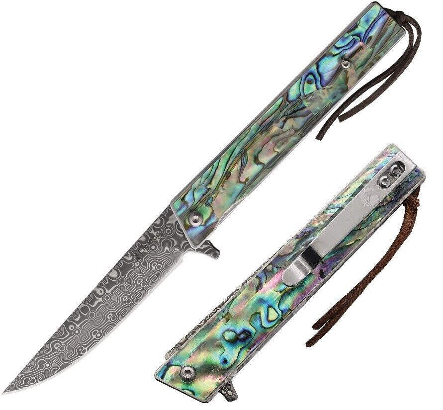 Elk Ridge Linerlock Folding Knife 3.38" Damascus Steel Blade Abalone Handle