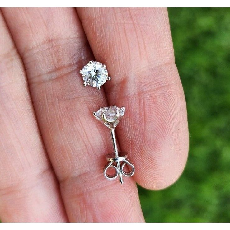 Real Solid 925 Silver 6mm Moissanite 1ct Stud Earrings Push Back Crown Men's