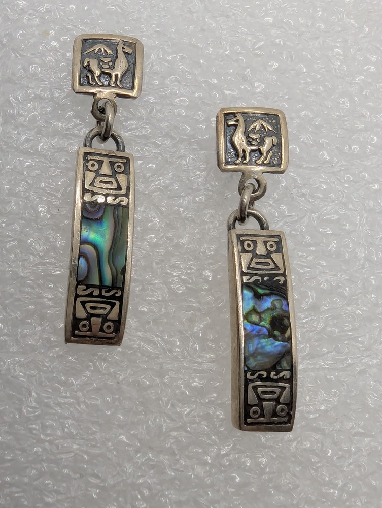 Vintage Ethnic Sterling Silver 925 Abalone  Post Dangle Earrings