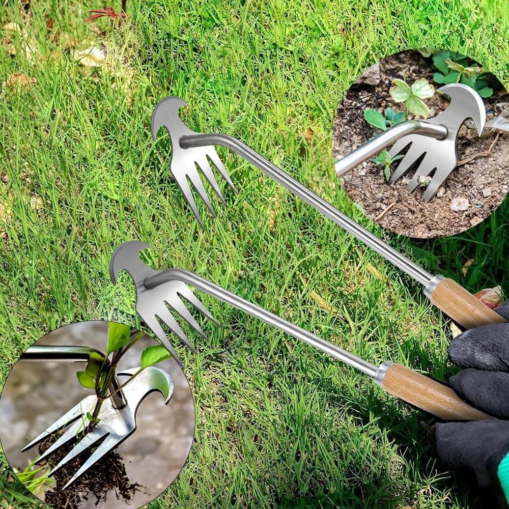 2pack 16inch Weed Puller Tool,Weeding Tool,4 Teeth Stainless Steel Hand Weeder