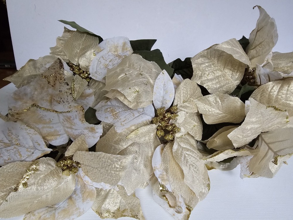 Artificial Gold White Poinsetta Bush &  Stems