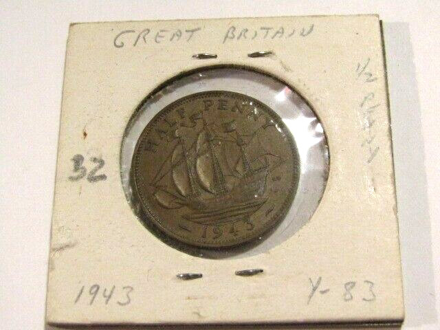 Great Britain 1943 1/2 Half Penny Coin Ship
