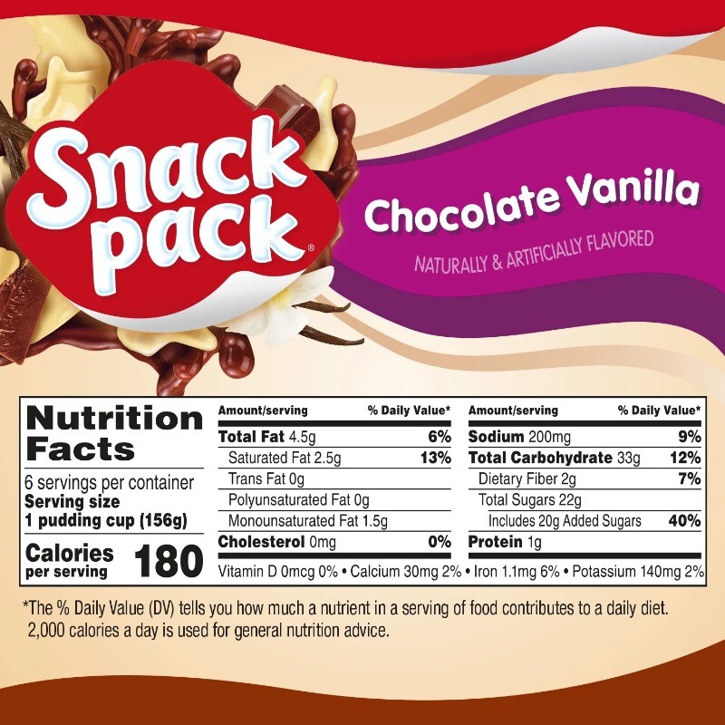 (4 pack) Snack Pack Chocolate Vanilla Flavored Pudding, 6 Count Pudding Cups
