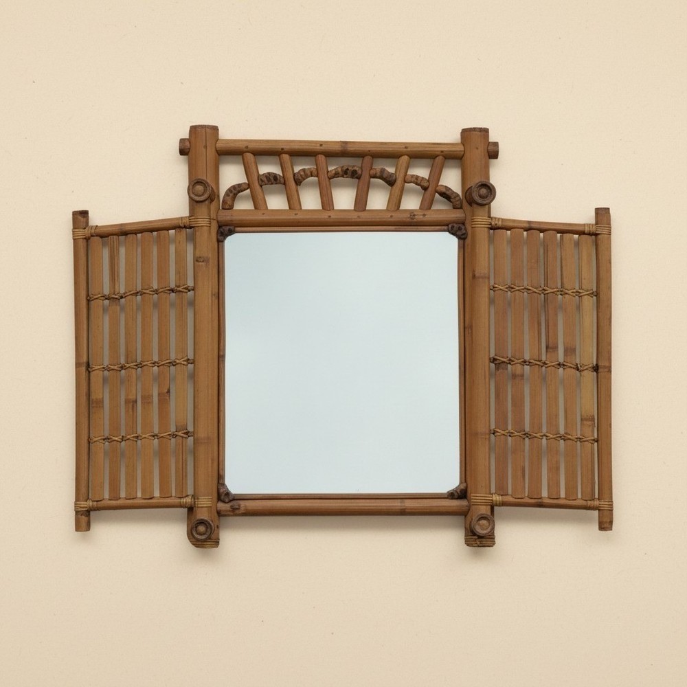 Solid Bamboo Wall or Vanity Mirror w/Folding Double Doors Tiki Island Unique