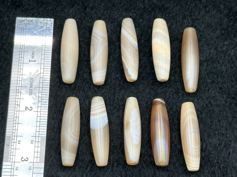 Lot 10 Pieces Long Ancient Greco Bactrian Banded Agate Stone Dzi Bead