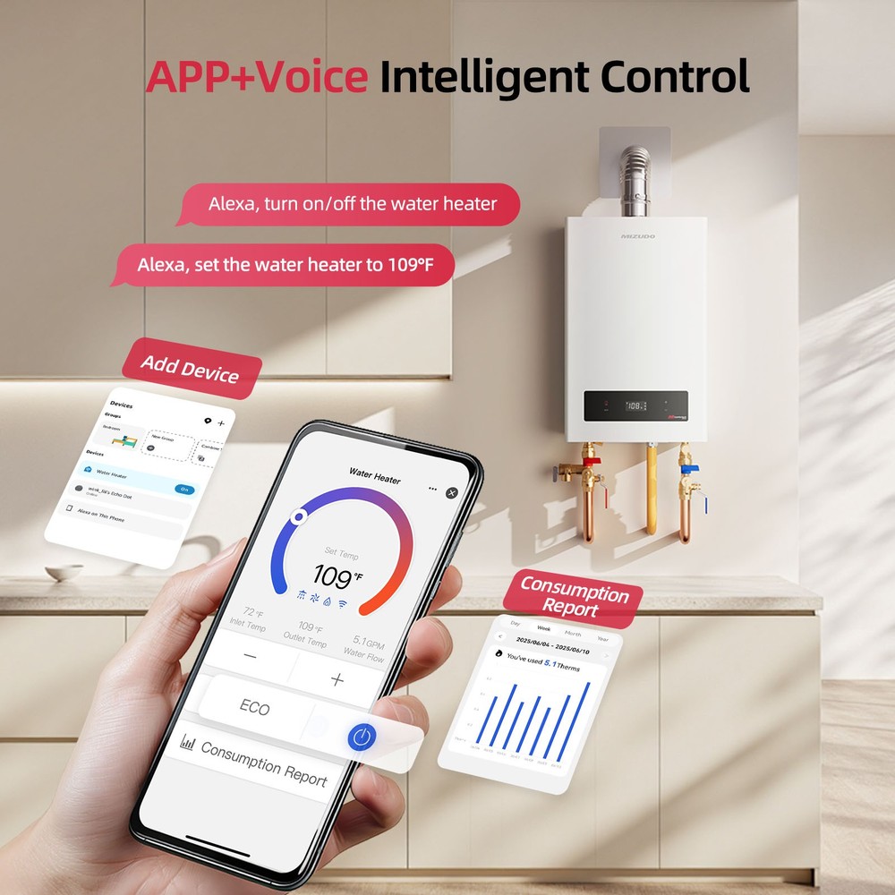 5.1 GPM 120,000 BTU Tankless Water Heater Natural Gas, Indoor or Outdoor Smart