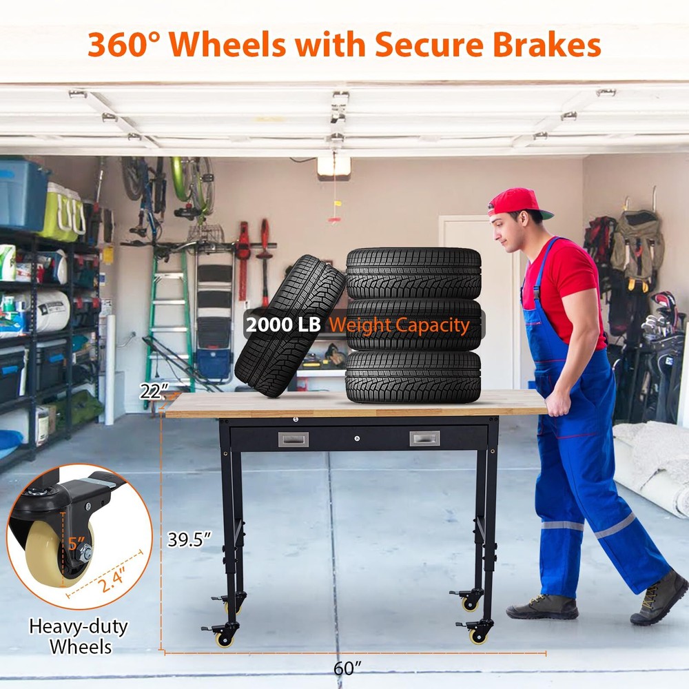 🔥60" Workbench with Drawer Storage 2000lbs Load Capacity for Workshop Home Whee