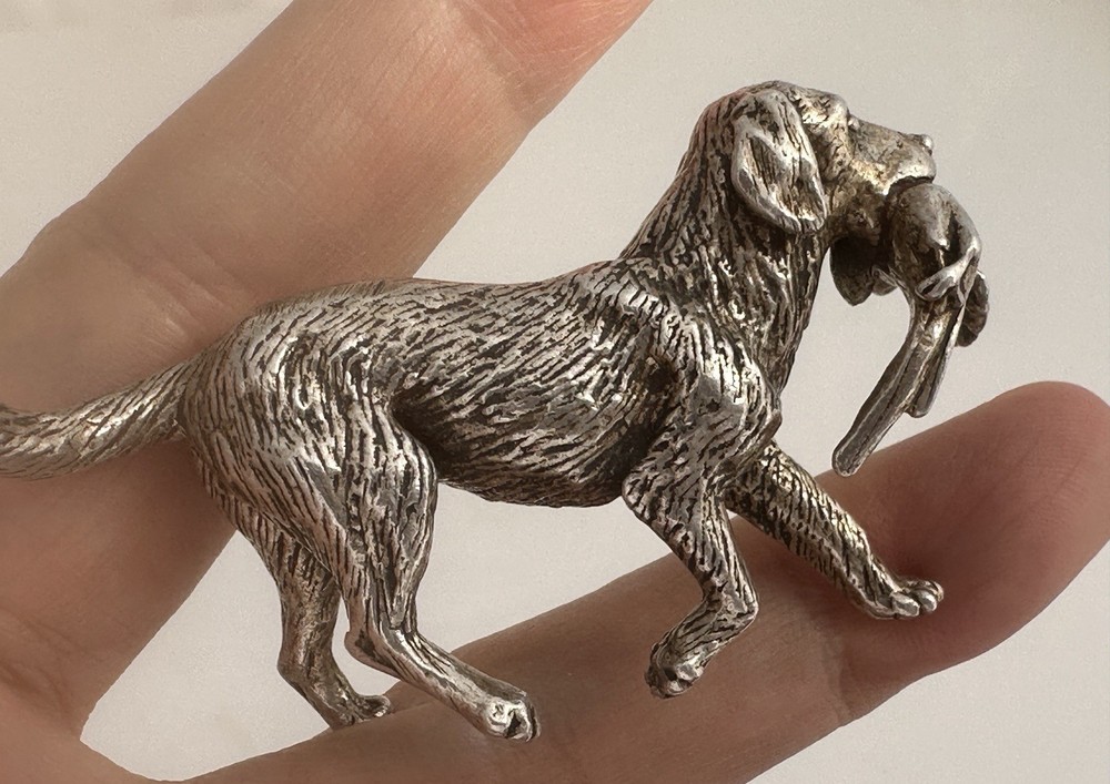 Vintage Solid Silver Miniature Retriever With Duck c.1979