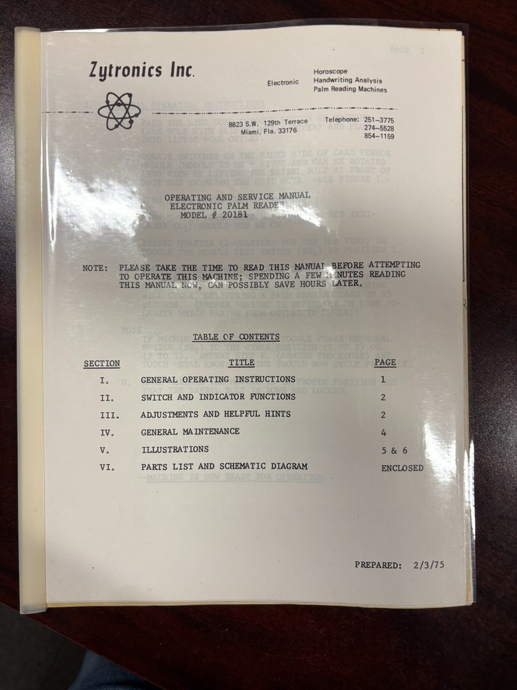 ORIGINAL-ZYTRONICS-PALM READER-MODEL 20181-OPERATING & SERVICE MANUAL