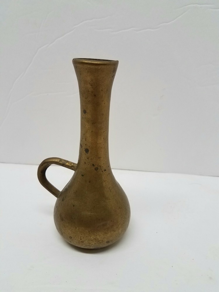 Vintage Solid Brass 5 3/4" Vase Handled Flower pitcher Nice Patina