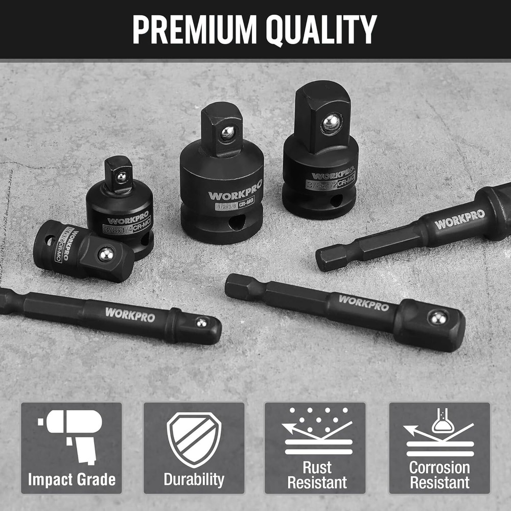 WORKPRO 7Pieces Impact Socket Adapter Set W/3PC 1/4"Hex Shank Drill ExtensionSet