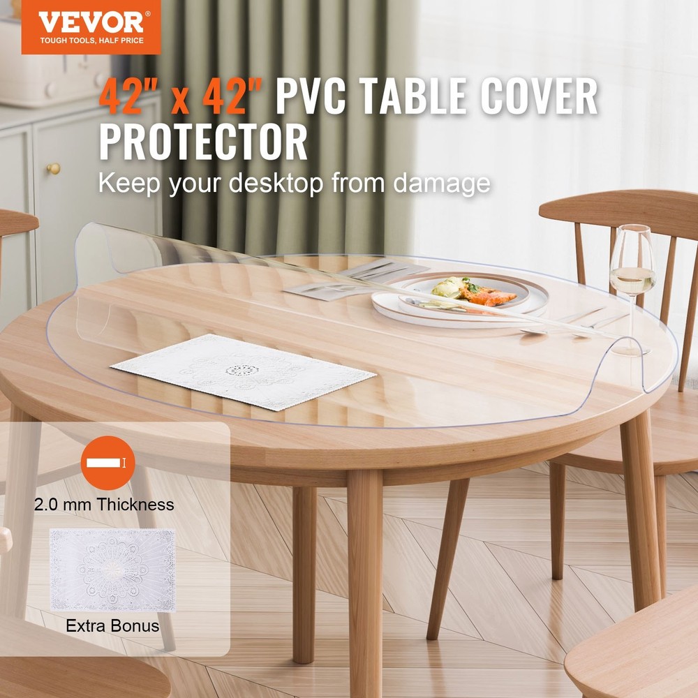 Plastic Table Cover 42 x 42 Inch 2.0 mm Thick Clear Table Protector Round