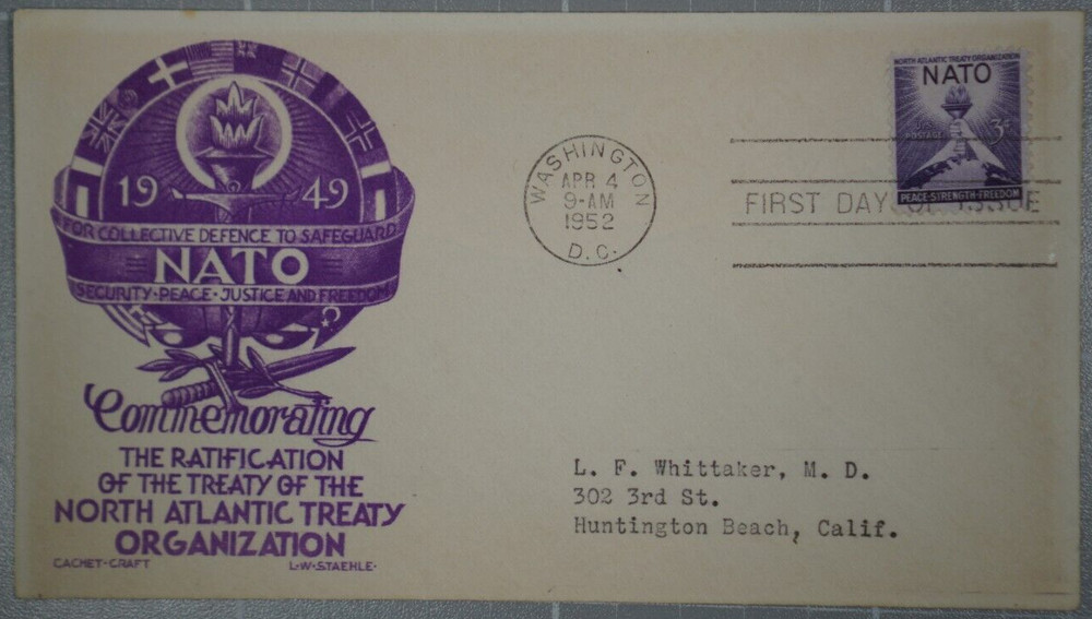 US 1952 FDC, NATO, Cachet Craft, 3c (#1)