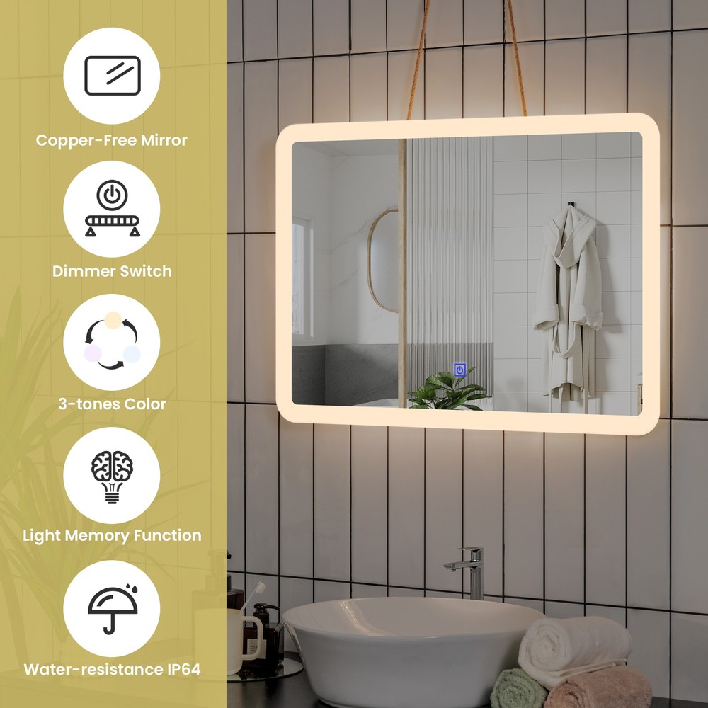 Wall Mounted Rectangle Bathroom LED Mirror Dimmable Touch 3-Color Frameless