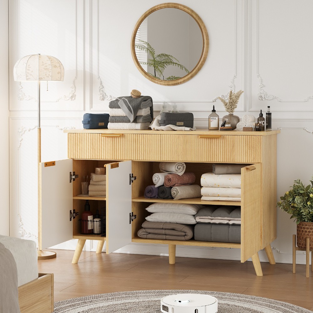 Kitchen Storage Cabinet with Drawers and Doors, Modern Fluted Sideboard Buffet