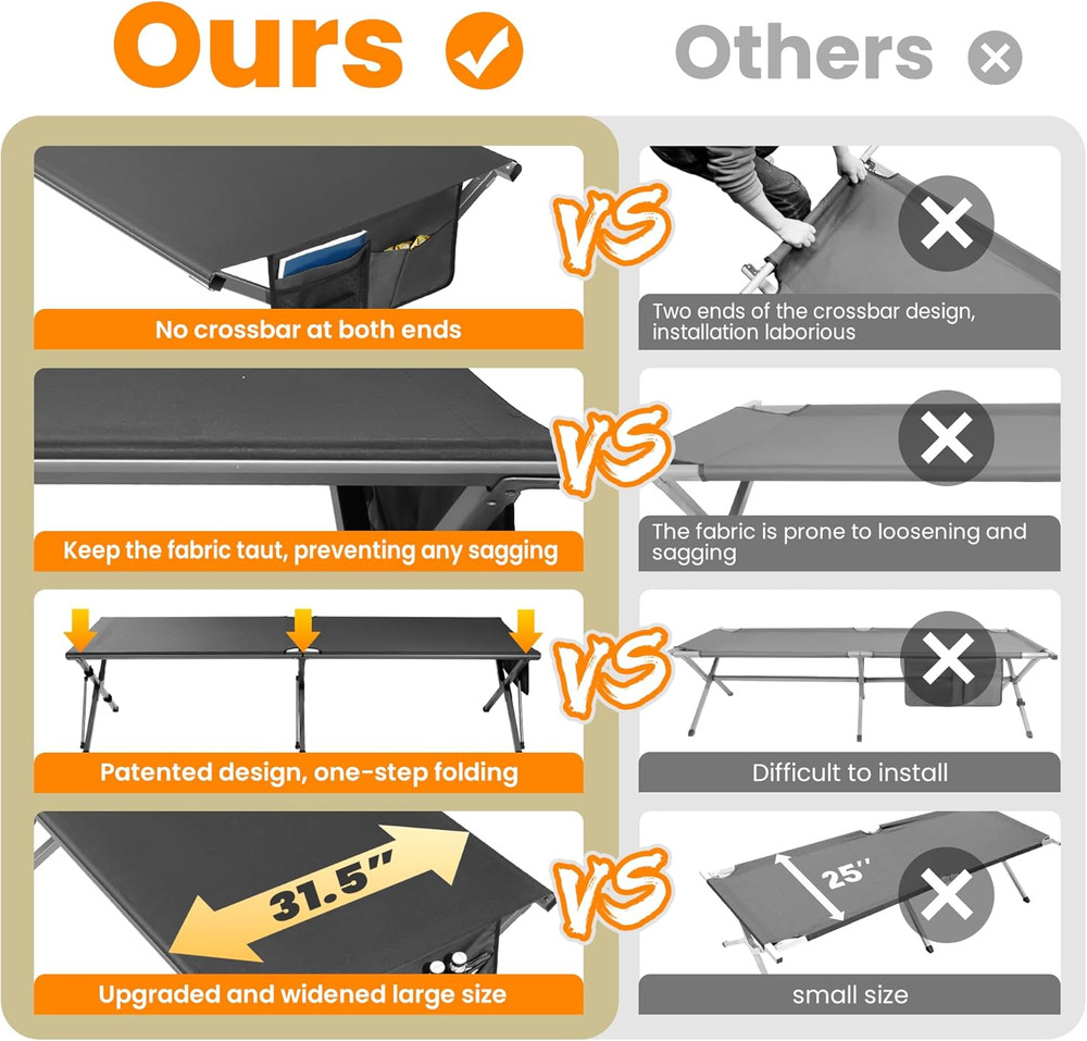 Oversized Camping Cot Foldable for Adults - Upgraded Version Easy-To-Assemble Sl